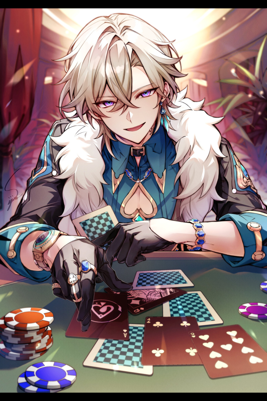 1boy absurdres aqua_shirt aventurine_(honkai:_star_rail) black_gloves black_jacket blonde_hair bracelet card clothing_cutout collared_shirt earrings fur_trim gloves hair_between_eyes highres honkai:_star_rail honkai_(series) jacket jewelry looking_at_viewer male_focus multicolored_eyes open_mouth playing_card poker_chip ring shirt short_hair solo watch wristwatch yuu_(isis7796)