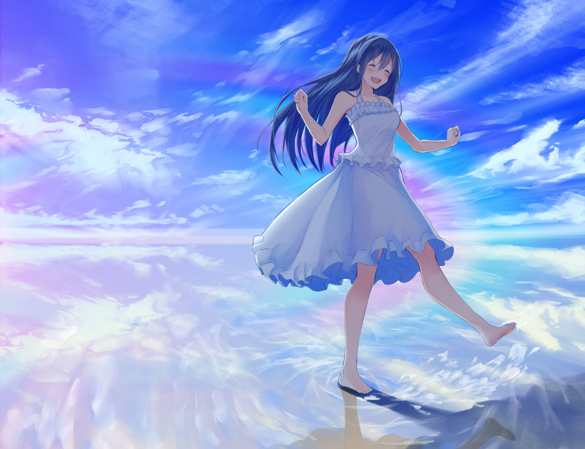 1girl absurdres bangs blue_hair blush closed_eyes cloud collarbone dress eyebrows_visible_through_hair frill_trim frills hair_between_eyes happy highres kicking leg_up long_hair megurumiru open_mouth original outdoors reflection reflective_water sky sleeveless sleeveless_dress smile solo splashing water white_dress