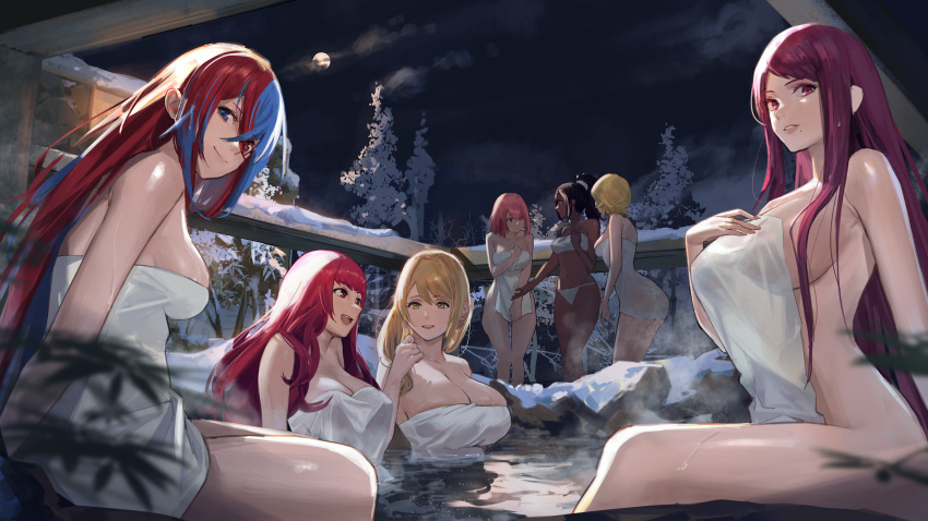 6+girls alear_(female)_(fire_emblem) alear_(fire_emblem) bare_shoulders bathing blue_eyes blue_hair breasts brown_hair citrinne_(fire_emblem) cleavage covering_privates crossed_bangs dark-skinned_female dark_skin fire_emblem fire_emblem_engage goldmary_(fire_emblem) hair_between_eyes heterochromia highres ivy_(fire_emblem) j@ck lapis_(fire_emblem) large_breasts long_hair looking_at_viewer medium_breasts multicolored_hair multiple_girls naked_towel onsen purple_eyes purple_hair red_eyes red_hair smile split-color_hair steam timerra_(fire_emblem) towel two-tone_hair very_dark_skin very_long_hair yunaka_(fire_emblem)