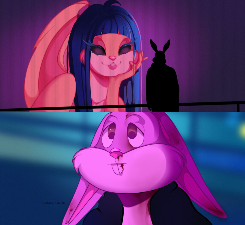 anthro bugs_bunny butt cute_eyes duo female fukksitacin hi_res lagomorph leporid lola_bunny looney_tunes male male/female mammal meme orange_body pink_body rabbit recording smile solo warner_brothers