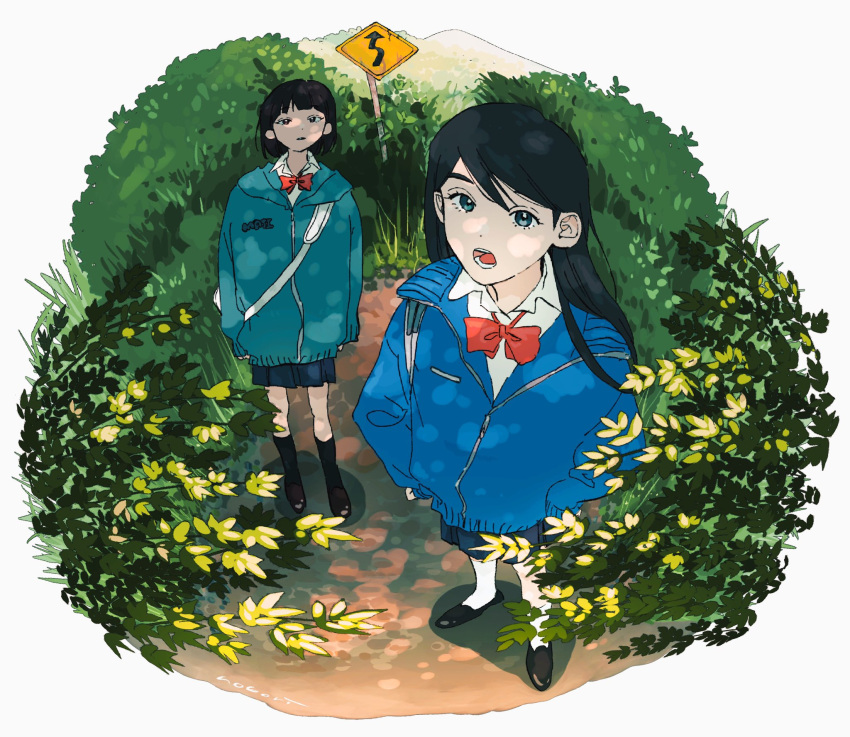 2girls all_nobori backpack bag black_hair black_socks blue_eyes blue_jacket blue_skirt bow bowtie brown_eyes bush collared_shirt fisheye highres jacket loafers long_hair long_sleeves looking_at_viewer multiple_girls open_mouth original outdoors parted_lips red_bow red_bowtie road_sign shirt shoes short_hair sign skirt socks standing teeth white_shirt white_socks