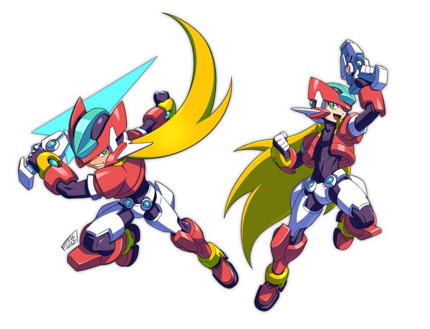 1boy 1girl aile_(mega_man_zx) armor blonde_hair boots cropped_jacket energy_gun energy_sword energy_weapon forehead_jewel gun helmet highres holding holding_gun holding_sword holding_weapon long_hair mega_man_(series) mega_man_zx model_zx_(mega_man) power_armor red_footwear simple_background smile smirk sword tomycase vent_(mega_man) weapon white_background