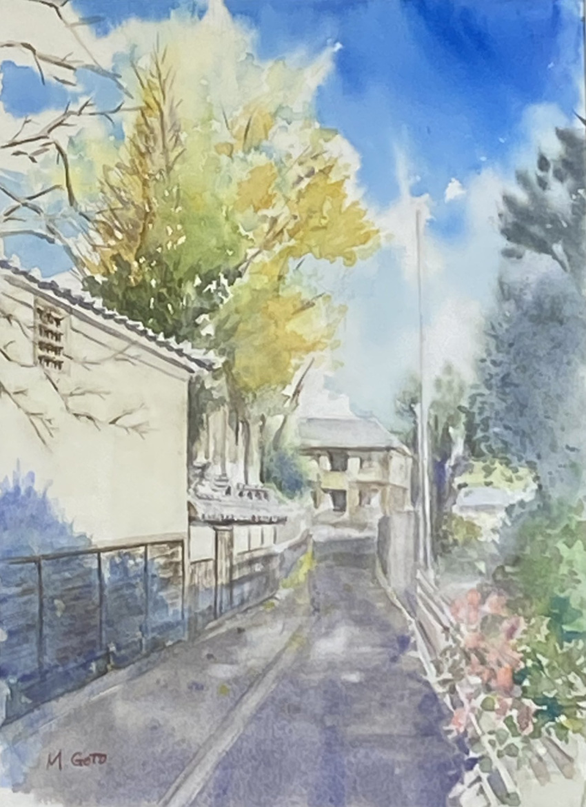 alley bare_tree blue_sky building cloud cloudy_sky day highres no_humans original painting_(medium) road sky street traditional_media tree watercolor_(medium) yu_grassbird