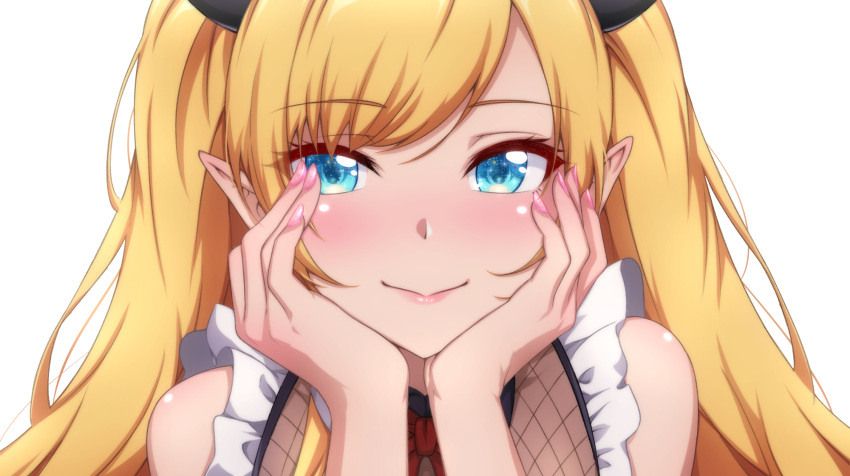 1girl blush demon_girl demon_horns fishnets hands_on_own_face highres hololive horns long_hair looking_at_viewer nail_polish official_alternate_costume p-nekoe pink_nails pointy_ears smile solo virtual_youtuber yuzuki_choco yuzuki_choco_(maid)