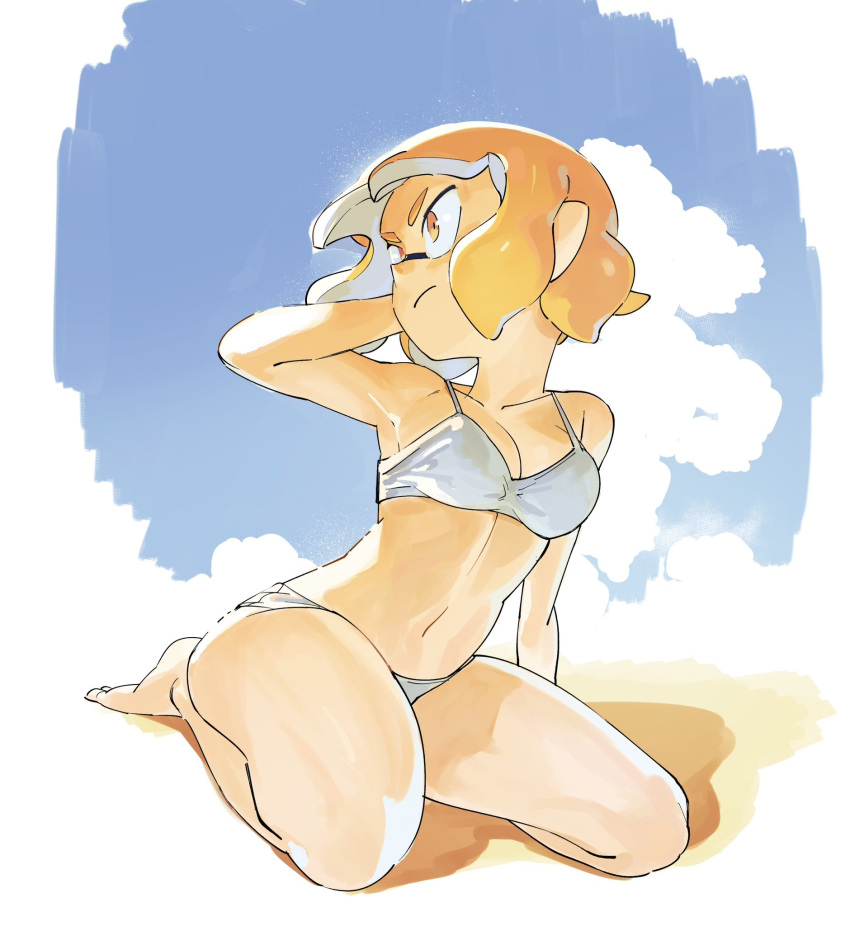 1girl arm_behind_head arm_support arm_up bare_legs bare_shoulders barefoot beach bikini blonde_hair blue_sky blunt_bangs breasts cleavage closed_mouth collarbone commentary_request full_body highres inkling inkling_girl inkling_player_character looking_to_the_side medium_breasts multicolored_hair navel orange_eyes orange_hair pointy_ears sand serious short_hair sitting sky solo splatoon_(series) stomach sumi_ko888 swimsuit tentacle_hair thighs two-tone_hair v-shaped_eyebrows wariza white_bikini