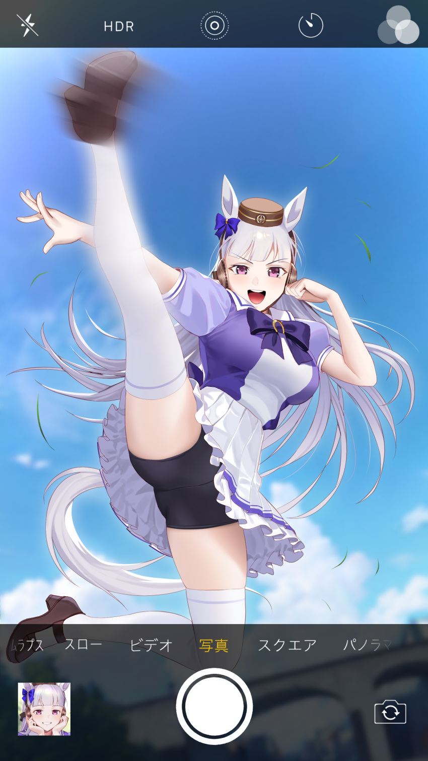 1girl absurdres animal_ears bike_shorts blue_sky bow breasts brown_footwear cloud cloudy_sky flying_kick full_body gold_ship_(umamusume) hair_bow hat highres horse_ears horse_girl horse_tail kicking long_hair motion_blur open_mouth outdoors purple_bow purple_eyes shoes skirt sky solo tail teeth thighhighs ugohato umamusume underwear upper_teeth_only white_hair white_skirt white_thighhighs