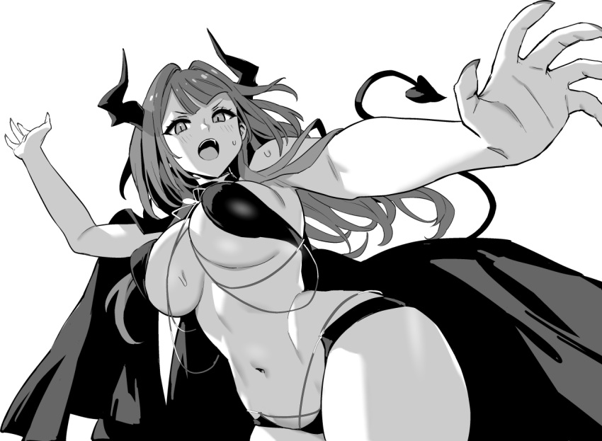 1girl arm_up armpit_peek azur_lane azur_lane:_slow_ahead black_cape breasts cape demon_horns demon_tail devonshire_(azur_lane) devonshire_(sadistic_demon)_(azur_lane) greyscale hori_(hori_no_su) horns large_breasts long_hair looking_at_viewer micro_shorts monochrome navel official_alternate_costume official_art open_mouth revealing_clothes shorts simple_background slit_pupils solo stomach tail white_background