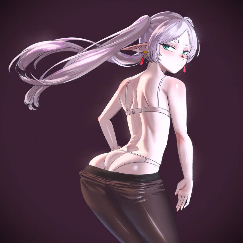 1girl absurdres arched_back ass back bra brown_pantyhose clothes_pull earrings elf frieren from_behind green_eyes grey_hair highres hikamio jewelry long_hair looking_at_viewer looking_back panties pantyhose pantyhose_pull parted_bangs pointy_ears solo sousou_no_frieren twintails underwear white_bra white_panties