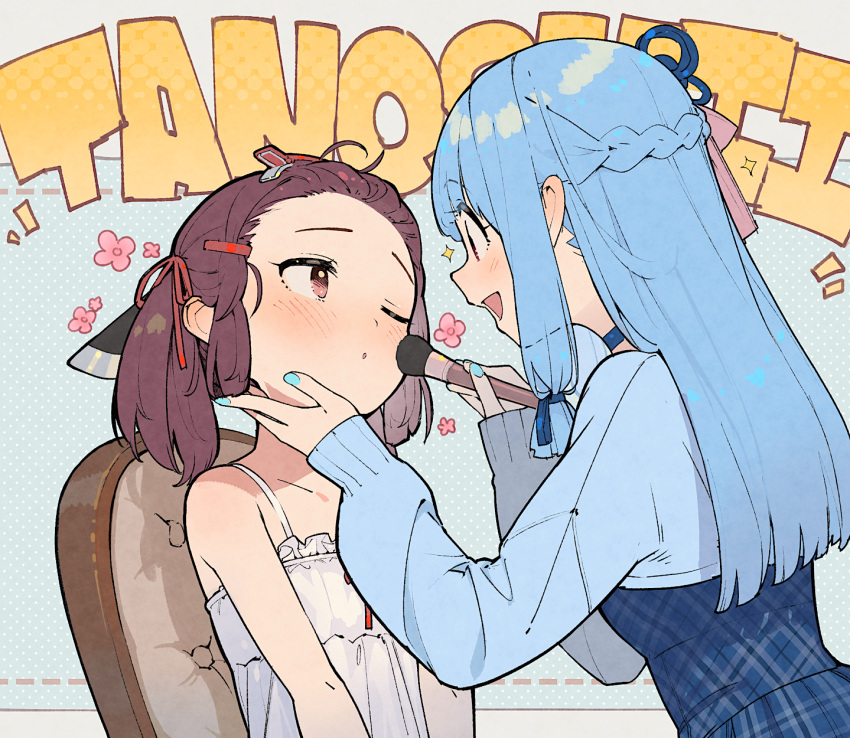 2girls applying_makeup aqua_nails bangs_pinned_back blue_ribbon blush braid flower french_braid hair_ornament hair_ribbon hairclip hand_on_another's_chin highres holding holding_brush kotonoha_aoi long_hair looking_at_another low-tied_sidelocks makeup makeup_brush multiple_girls nail_polish one_eye_closed pink_flower red_ribbon ribbon shirinda_fureiru short_hair sidelocks touhoku_kiritan upper_body voiceroid