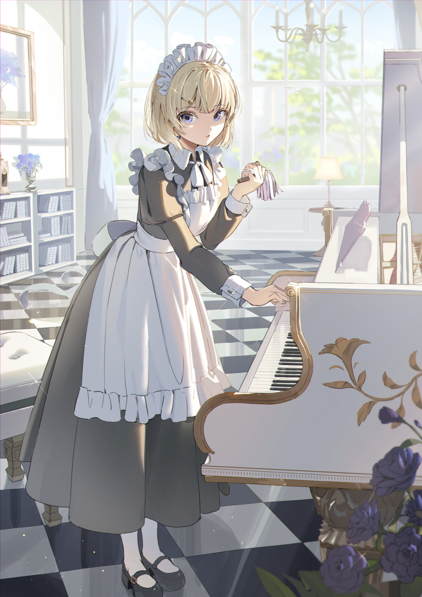 1girl apron black_dress black_footwear blonde_hair blue_eyes blue_flower blue_rose chandelier checkered_floor commentary_request curtains day dress flower frilled_apron frills grand_piano hand_up highres holding indoors instrument juliet_sleeves long_sleeves looking_at_viewer maid maid_apron maid_headdress original pantyhose parted_lips piano piano_bench puffy_sleeves rose shii_(kairi-t-k0317) shoes solo standing white_apron white_pantyhose window