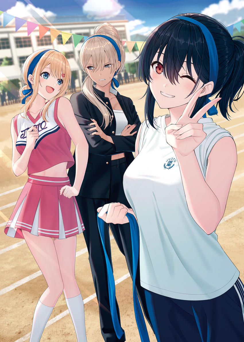 3girls :d bare_arms bare_shoulders black_hair black_jacket black_pants blonde_hair blue_eyes blue_hairband blue_shorts blue_sky breasts building cheerleader cleavage clenched_teeth cloud commentary_request crossed_arms day feet_out_of_frame grey_eyes grin hair_between_eyes hair_ornament hair_over_shoulder hairband hairclip highres hyuuga_azuri jacket light_brown_hair long_hair looking_at_viewer medium_breasts multiple_girls navel one_eye_closed open_clothes open_jacket original ouendan outdoors pants pennant pink_shirt pink_skirt pleated_skirt ponytail red_eyes shirt shorts silhouette skirt sky sleeveless sleeveless_shirt smile socks standing string_of_flags sweat teeth v white_shirt white_socks window