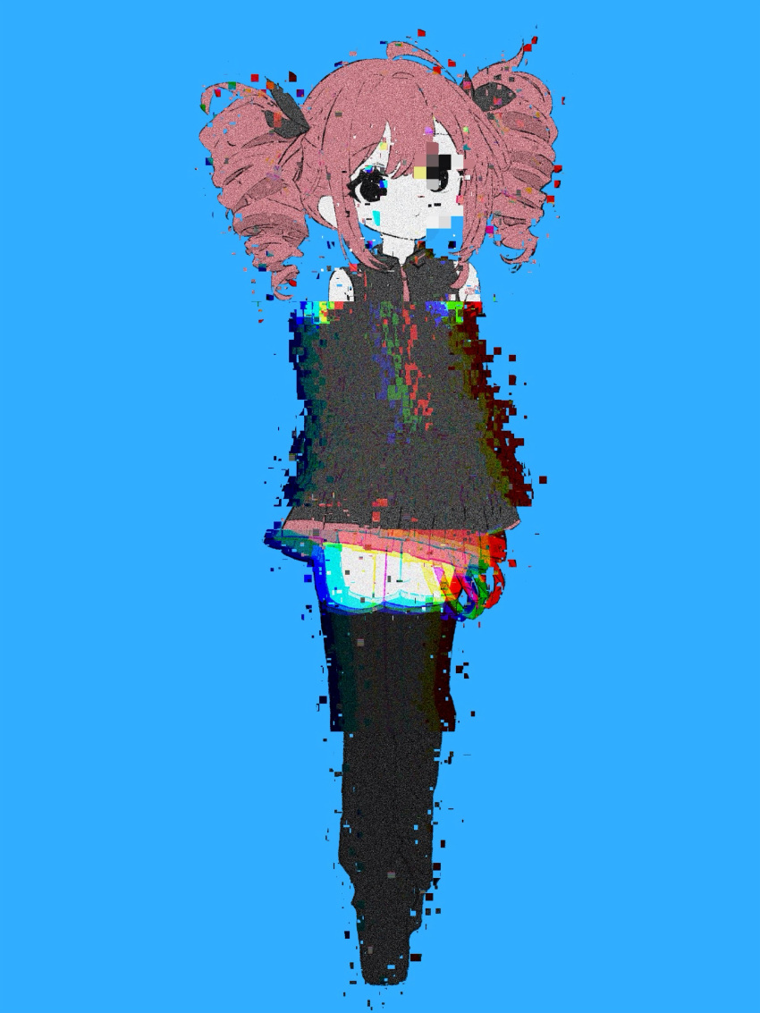 1girl absurdres ahoge arms_at_sides black_eyes black_footwear black_ribbon black_shirt black_skirt black_sleeves blue_background boots closed_mouth collared_shirt commentary_request detached_sleeves dot_mouth drill_hair empty_eyes expressionless full_body glitch hair_ribbon highres kasane_teto long_sleeves looking_at_viewer medium_hair miniskirt mochu_(aoishikabane) pleated_skirt red_hair ribbon shirt sidelocks simple_background skirt skirt_set sleeveless sleeveless_shirt solo standing thigh_boots twin_drills twintails utau