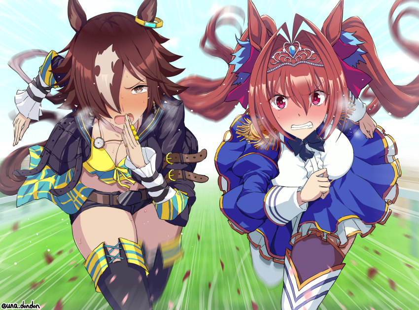 2girls animal_ears belt black_jacket black_shorts blue_dress blue_sky blush breasts brown_eyes brown_hair center_frills clenched_teeth crop_top daiwa_scarlet_(umamusume) dress epaulettes frills hair_intakes highres horse_ears horse_girl horse_tail jacket juliet_sleeves large_breasts layered_legwear layered_skirt long_hair long_sleeves looking_at_viewer midriff multicolored_hair multiple_girls open_clothes open_jacket open_mouth puffy_sleeves red_eyes running short_shorts shorts skirt sky streaked_hair tail teeth thighhighs thighs tiara twintails umamusume unadon underbust very_long_hair vodka_(umamusume) white_hair white_skirt