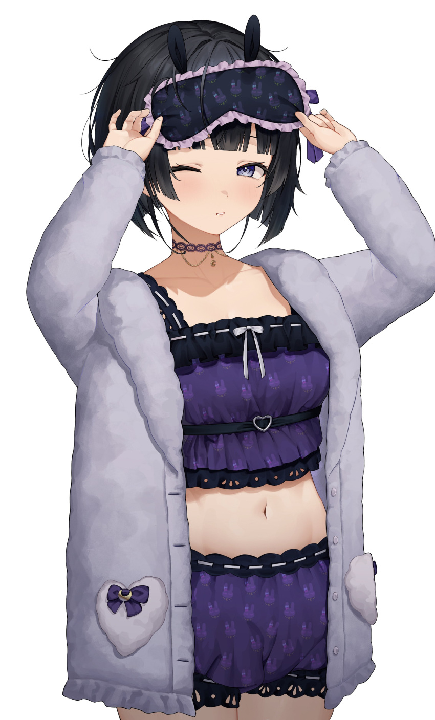 1girl ;o absurdres amatou_(ko_me_9) animal_print belt black_belt black_hair blue_eyes blunt_bangs bob_cut breasts cardigan choker cowboy_shot eye_mask frilled_shorts frills fur-trimmed_cardigan fur_trim grey_cardigan highres lace lace_choker long_sleeves looking_at_viewer mask mask_on_head medium_breasts midriff navel nijisanji one_eye_closed open_cardigan open_clothes print_mask purple_shirt purple_shorts rabbit_print ribbon-trimmed_shirt ribbon-trimmed_shorts ribbon_trim shirt short_hair shorts simple_background sleep_mask solo stomach tsukino_mito tsukino_mito_(18th_costume) virtual_youtuber white_background