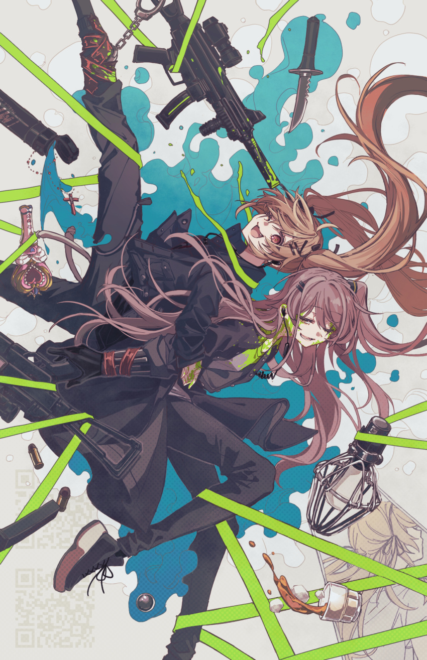 2girls abstract_background alternate_costume ammunition black_pants brown_eyes brown_hair cross-laced_footwear cup earpiece fang floating_hair girls'_frontline gun h&amp;k_ump highres knife long_hair looking_at_viewer magazine_(weapon) multiple_girls multiple_hairpins one_eye_closed one_side_up open_mouth paint_on_clothes paint_splatter paint_splatter_on_face pants qr_code rabb_horn scar scar_across_eye shoes smile sneakers submachine_gun twintails ump45_(girls'_frontline) ump9_(girls'_frontline) weapon yellow_eyes