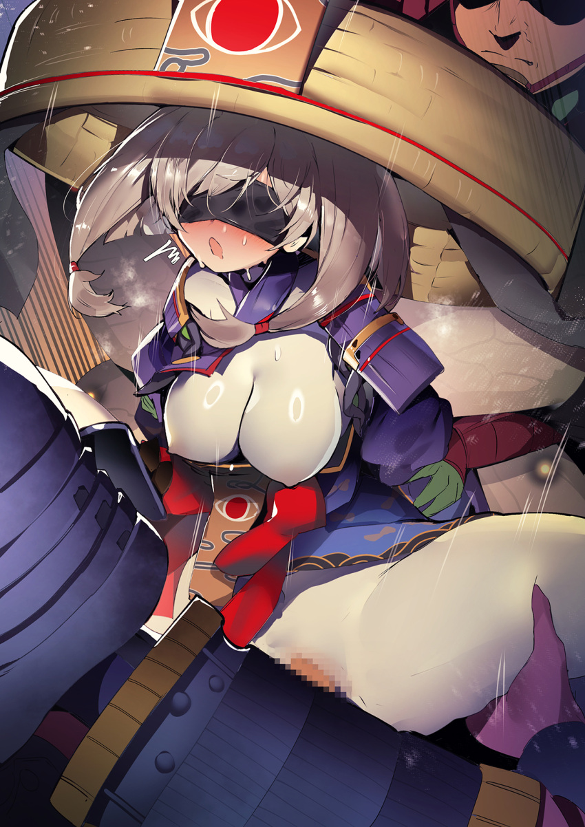1girl 2boys armor blindfold blush bottomless breasts breasts_out clothed_sex duel_monster grey_hair group_sex hat hetero highres jingasa large_breasts medium_hair mmf_threesome multiple_boys nipples raika_no_himejanome ro_g_(oowack) sex shoulder_armor spread_legs sweat threesome vaginal yu-gi-oh!