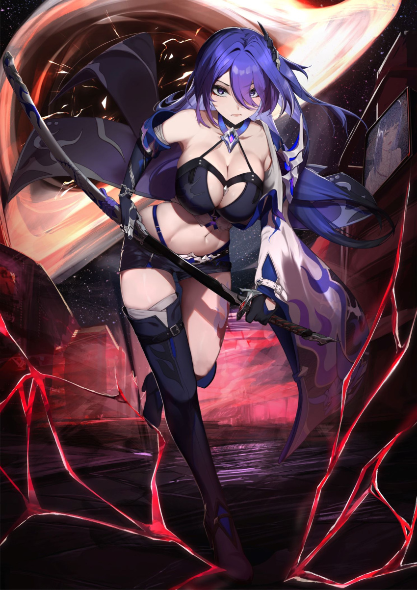 1girl acheron_(honkai:_star_rail) armor asymmetrical_legwear bandaged_arm bandaged_leg bandages belt black_belt black_choker black_gloves black_hole black_shorts boots breasts chain chain_around_arm choker cleavage coat coattails criss-cross_halter detached_sleeves gloves hair_between_eyes hair_ornament halterneck highres holding holding_sheath holding_sword holding_weapon honkai:_star_rail honkai_(series) katana knee_boots large_breasts leg_tattoo looking_at_viewer midorimae midriff navel purple_eyes purple_hair scabbard sheath shorts shoulder_armor single_detached_sleeve single_knee_boot single_thigh_boot solo sword tattoo thigh_boots thighs unsheathing weapon white_coat