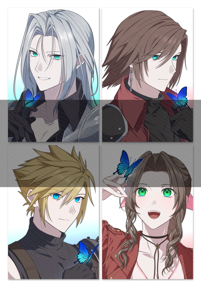 1girl 3boys aerith_gainsborough aqua_eyes armor black_coat black_gloves black_shirt blonde_hair blue_butterfly blue_eyes border brown_hair bug butterfly butterfly_on_hand choker closed_mouth cloud_strife coat crisis_core_final_fantasy_vii dangle_earrings dress earrings final_fantasy final_fantasy_vii final_fantasy_vii_rebirth final_fantasy_vii_remake flower_choker genesis_rhapsodos gloves gongju_s2 green_eyes grey_hair hair_between_eyes hair_ribbon highres jacket jewelry long_bangs long_hair multiple_boys open_mouth parted_bangs parted_lips pink_dress pink_ribbon portrait red_coat red_jacket ribbon sephiroth shirt short_hair shoulder_armor single_bare_shoulder single_shoulder_pad sleeveless sleeveless_turtleneck slit_pupils smile spiked_hair suspenders turtleneck white_background white_border