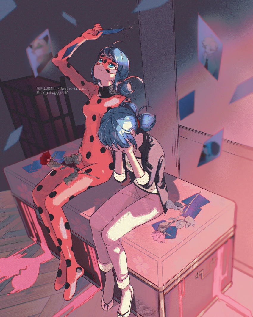 2girls adrien_agreste black_jacket blazer blue_eyes blue_hair bodysuit bug chat_noir closed_mouth crying flower highres jacket ladybug light_smile luka_couffaine marinette_dupain-cheng miraculous_ladybug multiple_girls open_clothes open_jacket pants photo_(object) pink_pants polka_dot red_bodysuit red_flower red_mask red_rose rose seio_(nao_miragggcc45) short_twintails sitting smile superhero_costume twintails