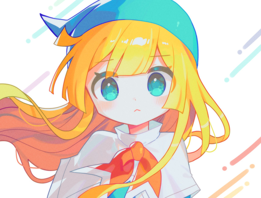 1girl :&lt; blonde_hair blue_eyes blue_hat blush capelet closed_mouth dot_nose floating_hair hat highres long_bangs long_hair looking_at_viewer neckerchief offbeat puyopuyo red_neckerchief sidelocks simple_background solo straight_hair upper_body white_background white_capelet witch_(puyopuyo)