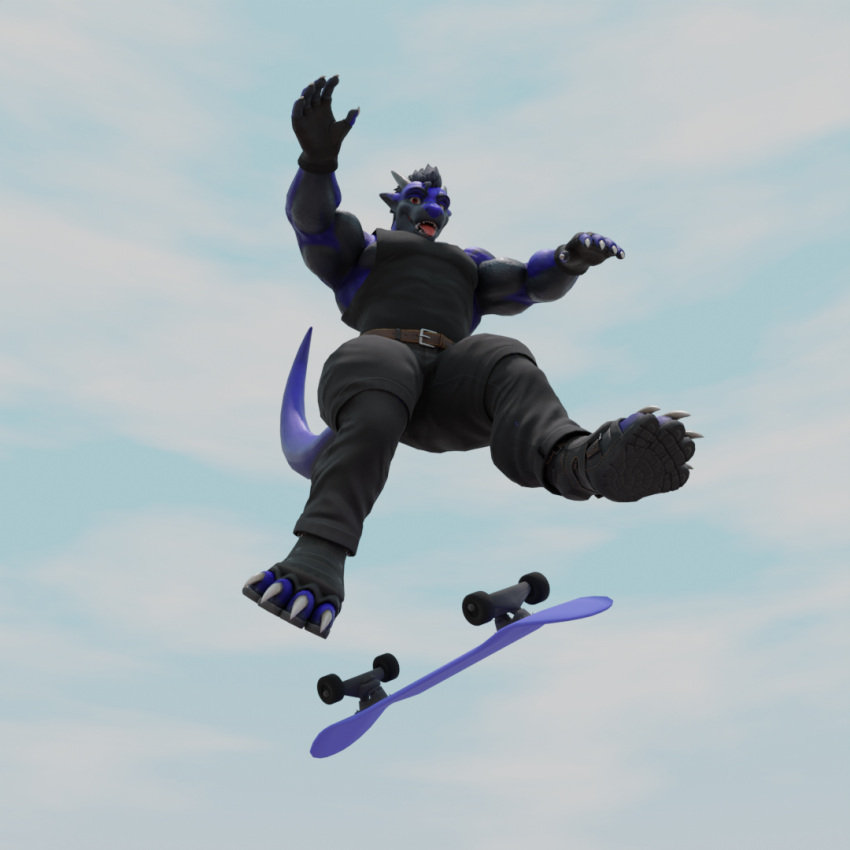 anthro clothed clothing dergdrister dragon drister_(dergdrister) kickflip looking_at_viewer male muscular mythological_creature mythological_scalie mythology outside paw_shoes scalie skateboard solo tongue tongue_out vehicle