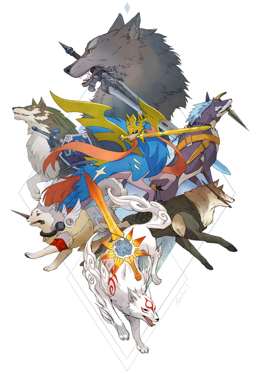 amaterasu angel_wings armband blue_eyes commentary crossover dagger dark_souls diamond_dog dog english_commentary fangs gen_8_pokemon great_grey_wolf_sif greatsword highres koromaru kunai leash link link_(wolf) markings master_sword metal_gear_(series) metal_gear_solid_v mouth_hold multiple_crossover ookami_(game) persona persona_3 pokemon pokemon_(creature) repede revision sandara shield simple_background smile souls_(from_software) sword tail tales_of_(series) tales_of_vesperia the_legend_of_zelda the_legend_of_zelda:_twilight_princess trait_connection vest weapon white_background wings wolf yellow_eyes zacian