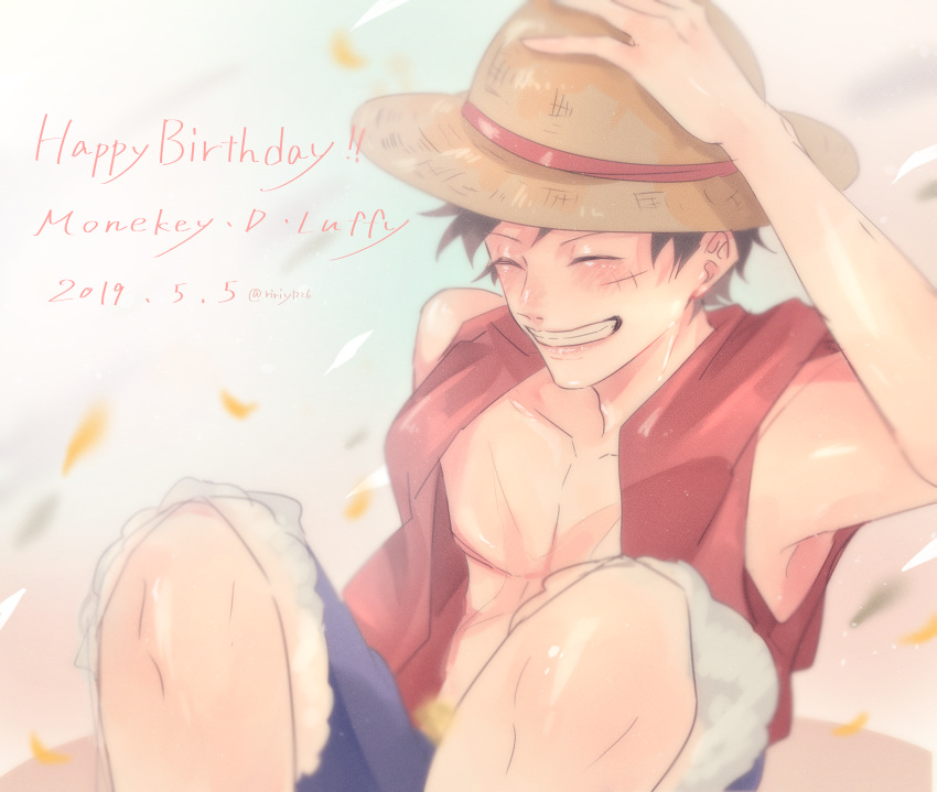 1boy ^_^ absurdres black_hair blue_shorts character_name closed_eyes commentary_request dated hand_on_headwear happy_birthday hat highres male_focus monkey_d._luffy one_piece open_clothes open_shirt red_shirt ritsuki_mei scar scar_on_chest scar_on_face shirt short_hair shorts sitting sleeveless sleeveless_shirt smile solo straw_hat