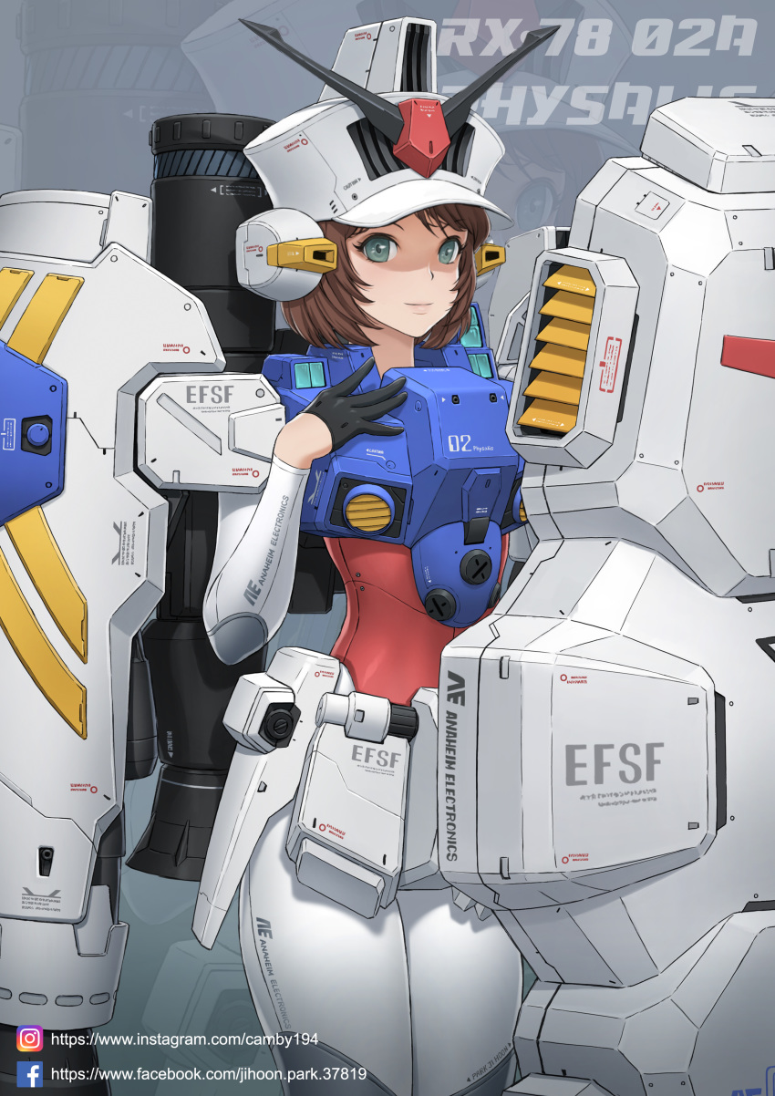 1girl absurdres armor bigunit bodysuit brown_hair character_name commentary_request cowboy_shot green_eyes gundam gundam_0083 gundam_gp-02_physalis hand_on_own_chest hat highres looking_at_viewer mecha mecha_musume shield short_hair skin_tight solo thrusters v-fin