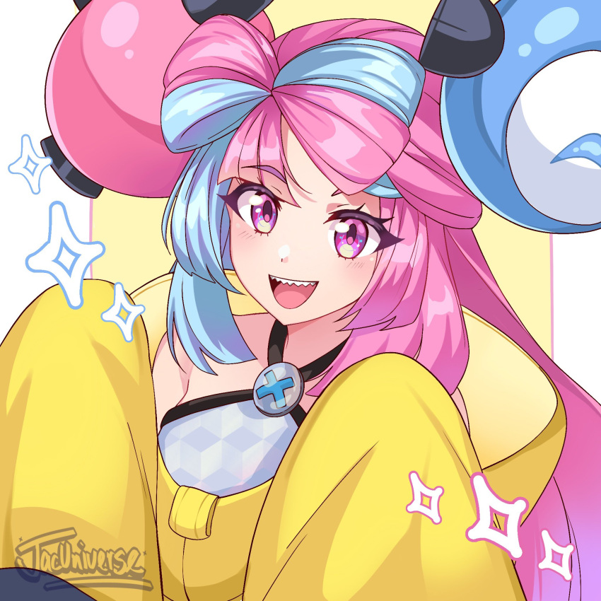 1girl artist_logo blue_hair character_hair_ornament hair_ornament highres iono_(pokemon) jacinth_peters jacket looking_at_viewer multicolored_hair open_mouth pink_eyes pink_hair pokemon pokemon_sv sharp_teeth sleeves_past_fingers sleeves_past_wrists solo teeth two-tone_hair upper_body yellow_jacket