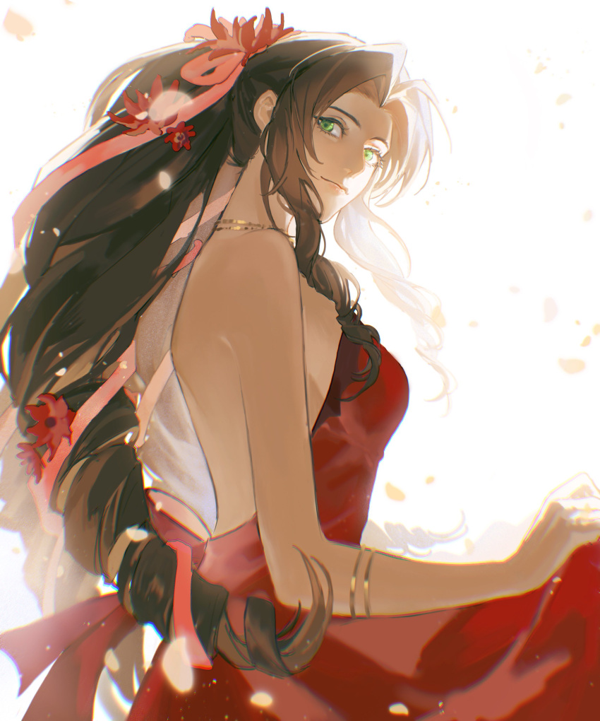 1girl absurdres aerith_gainsborough aerith_gainsborough_(red_dress) armlet backless_outfit bare_shoulders breasts brown_hair clothes_lift dress dress_lift drill_hair falling_petals final_fantasy final_fantasy_vii final_fantasy_vii_remake flamenco_dress flower gold_necklace green_eyes hair_flower hair_ornament hair_ribbon highres jewelry light_smile long_dress long_hair looking_at_viewer medium_breasts necklace official_alternate_costume parted_bangs petals pink_ribbon raven9_k red_dress red_flower ribbon sideboob sidelocks solo strapless strapless_dress upper_body wavy_hair white_background