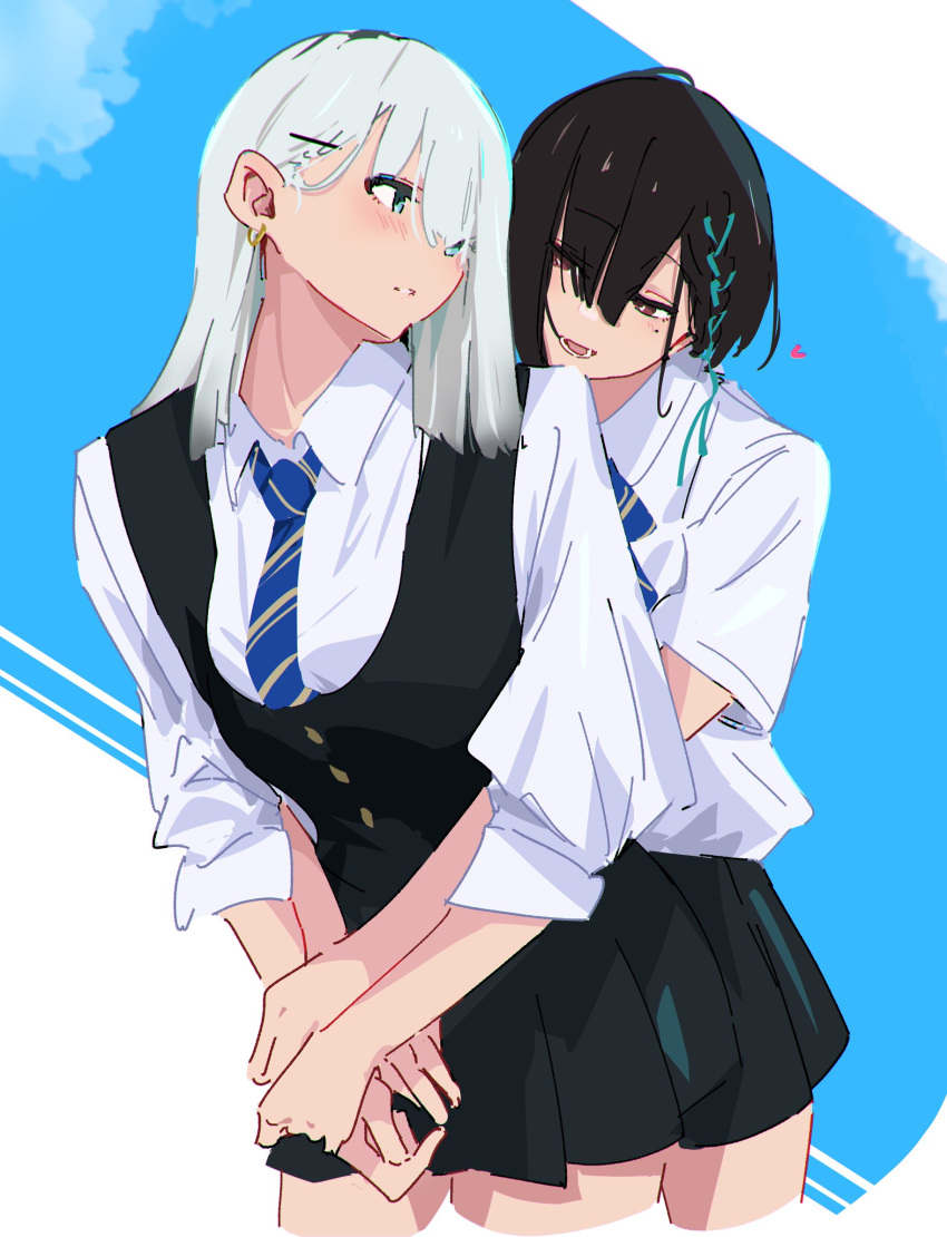 2girls atenaba black_hair black_skirt black_vest blue_eyes blue_necktie blue_ribbon blue_sky blush brown_eyes cloud collared_shirt commentary_request cowboy_shot hair_ornament hairclip heart highres hug hug_from_behind long_hair long_sleeves mole mole_under_eye multicolored_hair multiple_girls necktie open_mouth original parted_lips pleated_skirt ribbon ribbon_braid school_uniform shirt short_sleeves skirt sky streaked_hair striped_necktie vest white_background white_hair white_shirt yuri