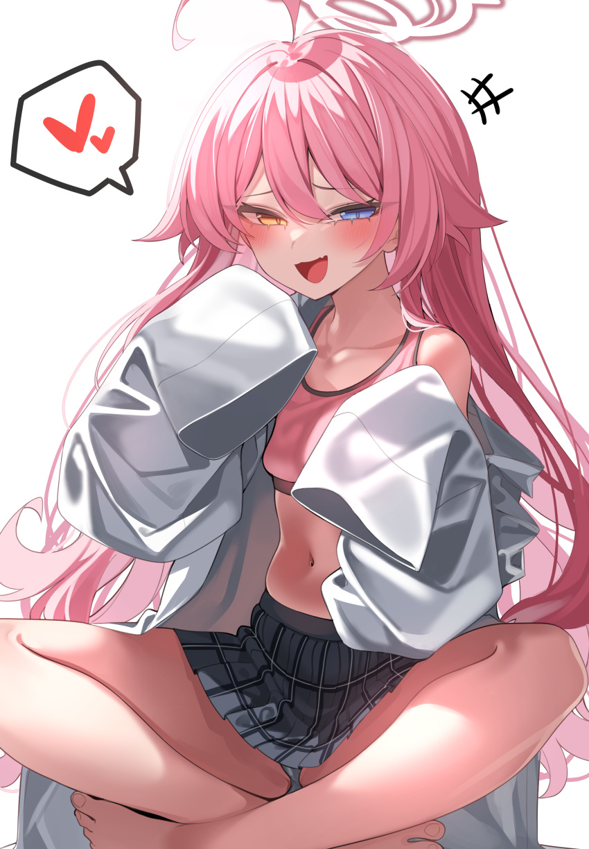 1girl absurdres ahoge bare_legs bare_shoulders barefoot black_skirt blue_archive blue_eyes blush collarbone commentary_request fang hair_flaps halo heart heterochromia highres hoshino_(blue_archive) huge_ahoge korean_commentary long_hair looking_at_viewer midriff navel off_shoulder open_mouth panties pantyshot pink_hair pink_halo pink_sports_bra plaid plaid_skirt pleated_skirt rirua_(kjom802) shirt simple_background sitting skin_fang skirt sleeves_past_fingers sleeves_past_wrists smile solo spoken_heart sports_bra stomach toenails toes underwear white_background white_panties white_shirt yellow_eyes