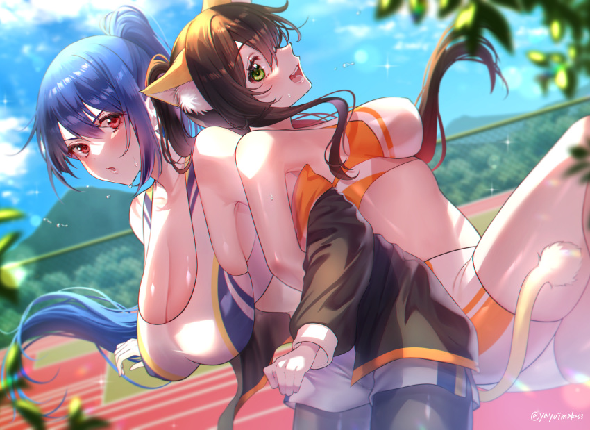 2girls absurdres animal_ear_fluff animal_ears armpit_crease assisted_stretching back-to-back bare_shoulders bike_shorts black_jacket blue_bra blue_hair blue_shorts blue_sky blue_sports_bra bra breasts brown_hair cat_ears cat_tail cleavage cloud commentary commission fence floating_hair flying_sweatdrops from_side green_eyes hair_between_eyes hair_floating_upwards high_ponytail highres jacket large_breasts leaf leg_up locked_arms long_hair looking_at_another medium_breasts mountain mountainous_horizon multicolored_bra multicolored_clothes multicolored_shorts multicolored_sports_bra multiple_girls off-shoulder_jacket off_shoulder open_mouth orange_bra orange_shorts orange_sports_bra orange_trim original pantyhose_under_shorts parted_lips red_eyes shorts sideboob sidelocks skeb_commission sky sports_bra stretching sweat tail teeth track_and_field tree underwear very_long_hair white_bra white_shorts white_sports_bra yayoi_maka