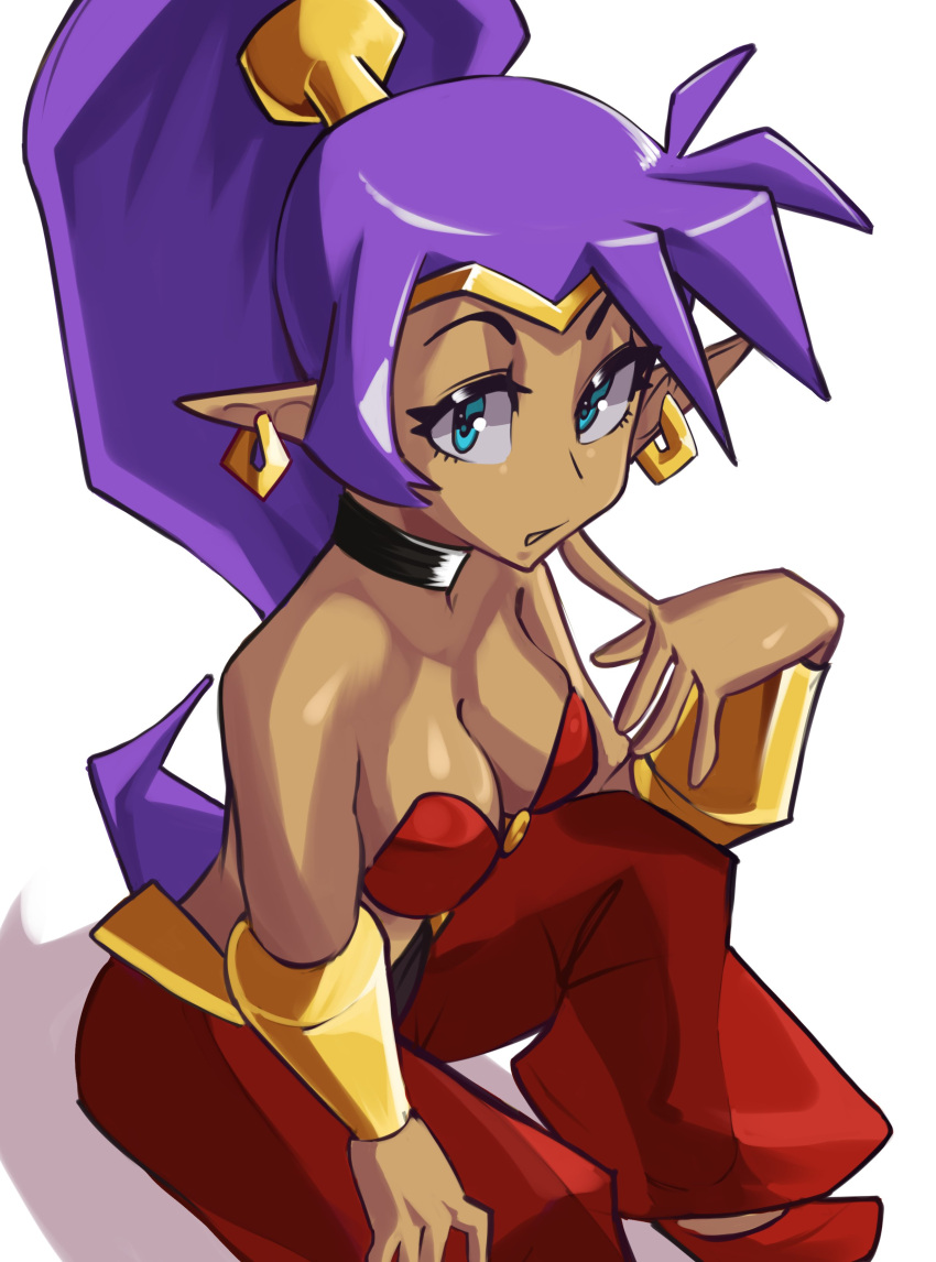 absurd_res blue_eyes breasts cleavage clothed clothing ear_piercing ear_ring female fingers footwear genie hair hi_res humanoid humanoid_pointy_ears long_hair looking_at_viewer moxydraws not_furry piercing ponytail purple_hair ring_piercing shantae shantae_(series) shoes simple_background sitting solo tan_body tan_skin wayforward