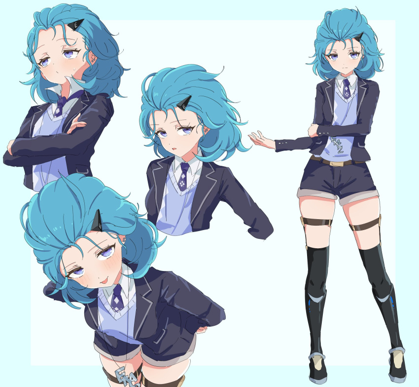 1girl black_footwear black_jacket black_shorts blue_background blue_hair blush boots closed_mouth collared_shirt commentary crossed_arms forehead hair_ornament hairclip highres honkai_(series) honkai_impact_3rd jacket lieserl_albert_einstein looking_at_viewer multiple_views necktie open_clothes open_jacket parted_lips purple_eyes purple_necktie repikawarepi shirt shorts skindentation standing sweater_vest thigh_boots tongue tongue_out two-tone_background white_shirt