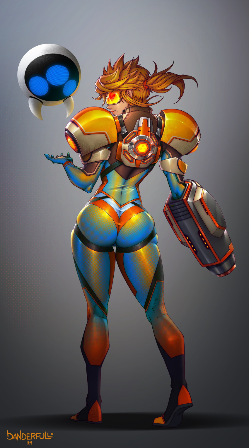 1girl absurdres arm_cannon ass assault_visor blonde_hair blue_bodysuit bodysuit danderfull fusion highres long_hair looking_at_viewer metroid mole mole_under_mouth orange_goggles overwatch ponytail samus_aran skin_tight solo spiked_hair tracer_(overwatch) weapon