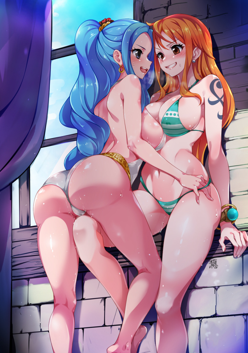 2girls bikini blue_eyes blue_hair breasts brown_eyes commentary_request commission curtains earrings green_bikini grey_one-piece_swimsuit highres indoors jewelry kemoyuri large_breasts log_pose long_hair looking_at_another multiple_girls nami_(one_piece) nefertari_vivi one-piece_swimsuit one_piece open_mouth orange_hair ponytail shoulder_tattoo skeb_commission swimsuit tattoo window yuri