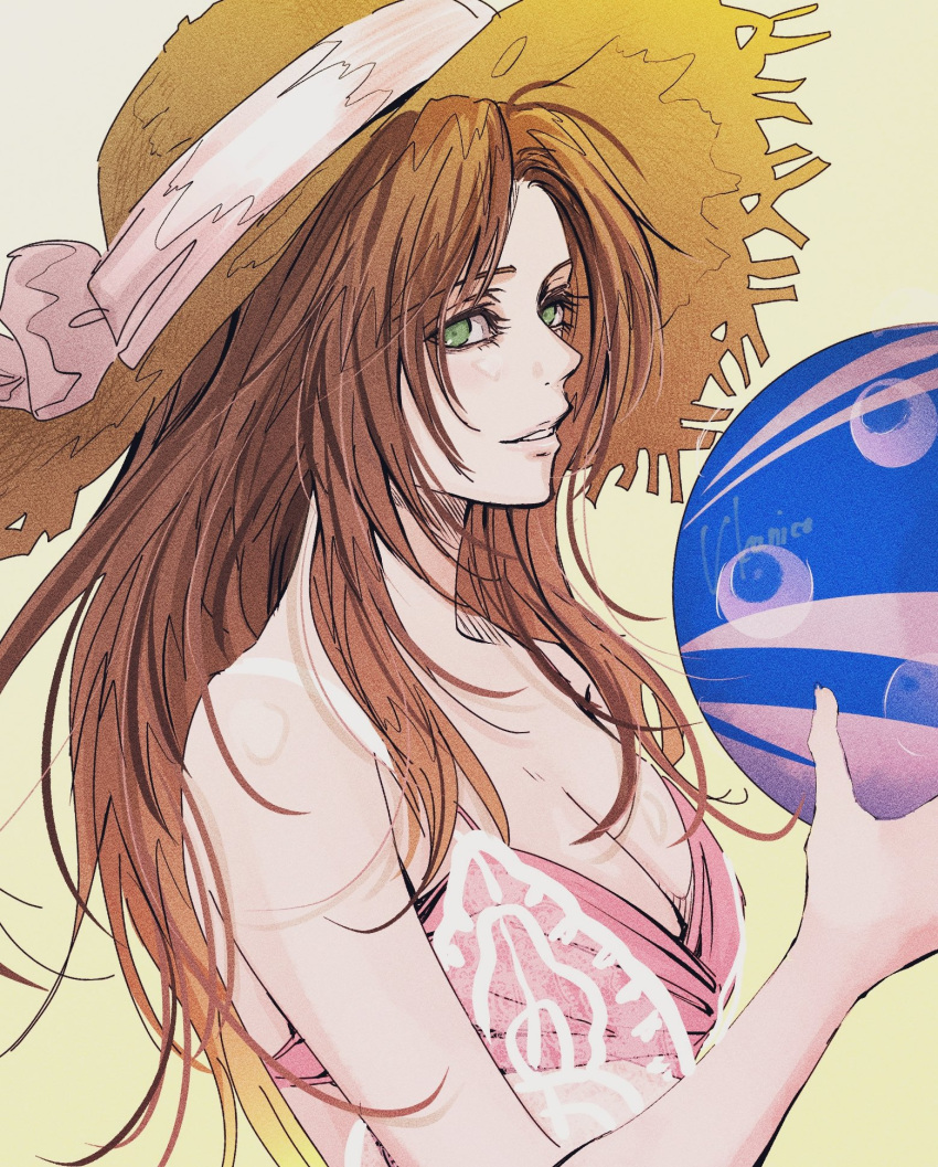 1girl aerith_gainsborough aerith_gainsborough_(sunny_robe) artist_name ball bare_shoulders beachball bikini breasts brown_hair cleavage final_fantasy final_fantasy_vii final_fantasy_vii_ever_crisis final_fantasy_vii_remake green_eyes hat hat_ribbon highres holding holding_ball holding_beachball long_hair looking_at_viewer medium_breasts official_alternate_costume parted_bangs parted_lips pink_bikini ribbon sidelocks smile solo straw_hat sun_hat swimsuit ukanicoponpon upper_body