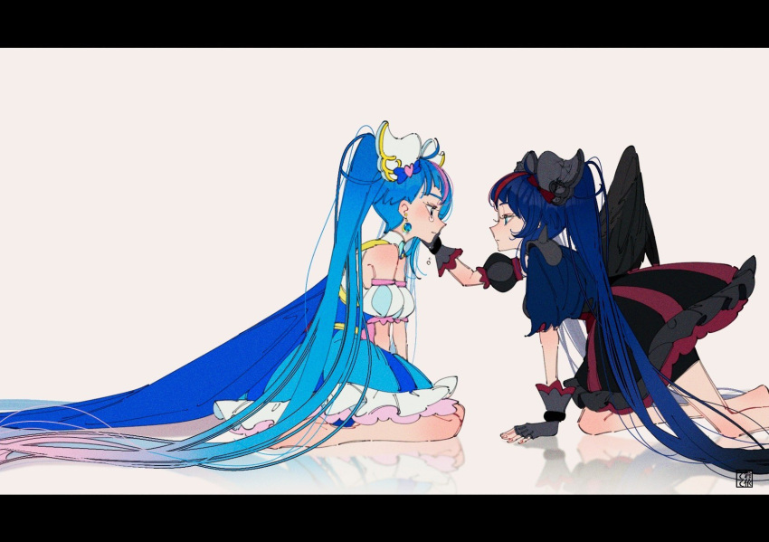 2girls aoi_tete arm_support artist_logo barefoot bike_shorts black_dress black_shorts black_wings blue_cape blue_dress blue_eyes blue_hair brooch cape corruption cure_sky cut_bangs dark_persona detached_sleeves dress dual_persona earrings feathered_wings fingerless_gloves frilled_dress frills from_side frown gloves gradient_hair grey_background grey_gloves half-closed_eyes hand_on_another's_face highres hirogaru_sky!_precure jewelry kneeling leaning_forward letterboxed long_hair looking_at_another magical_girl medium_dress multicolored_hair multiple_girls pink_hair precure puffy_detached_sleeves puffy_sleeves red_dress red_hair reflection shorts shorts_under_dress single_wing sitting sleeveless sleeveless_dress sora_harewataru spiked_pauldrons streaked_hair tearing_up tears two-tone_dress two-tone_hair very_long_hair wariza white_dress wing_brooch wing_hair_ornament wings