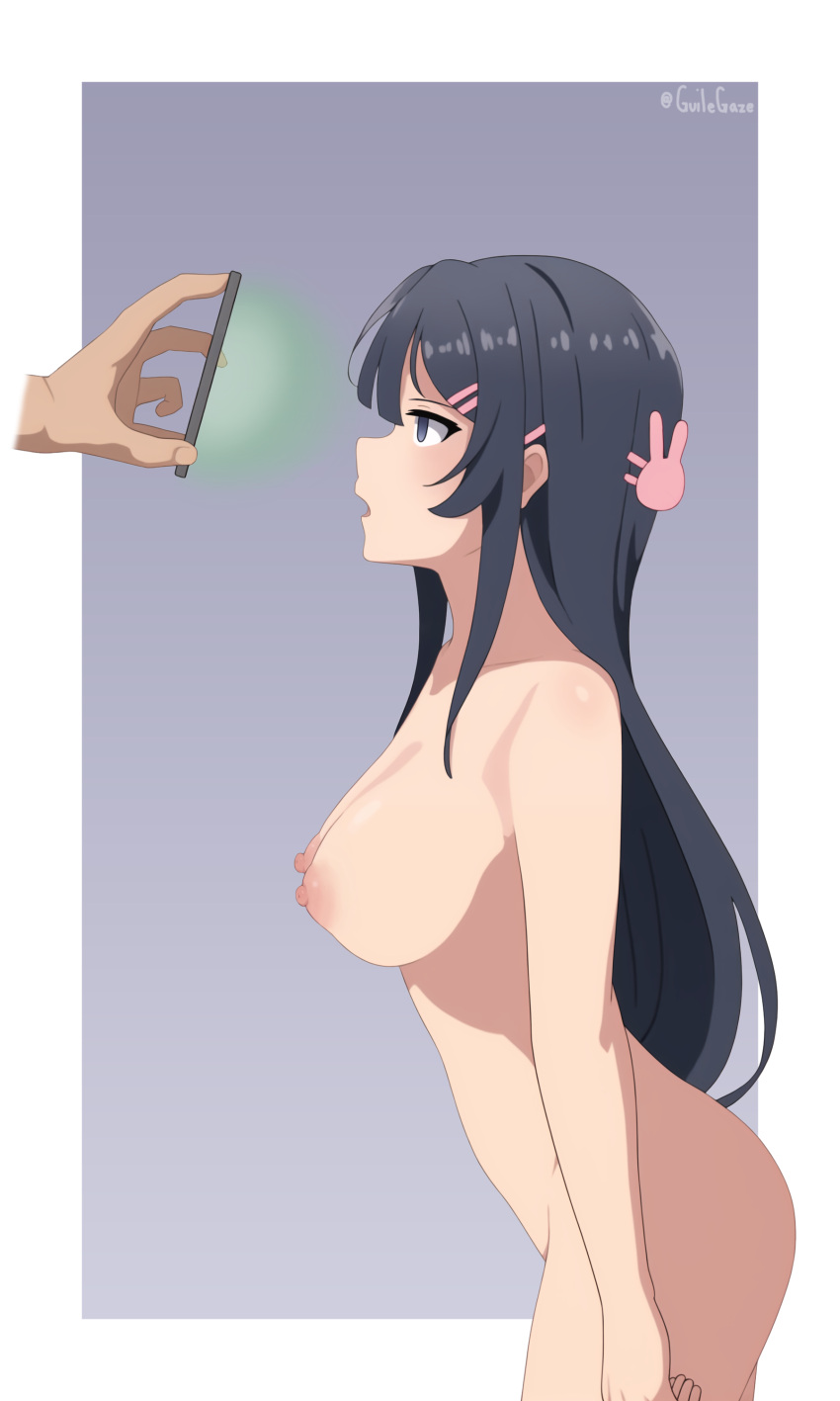 1boy 1girl absurdres bare_shoulders black_hair breasts cellphone completely_nude disembodied_limb empty_eyes from_side grey_eyes guilegaze hair_ornament hairclip highres holding holding_phone hypnosis hypnosis_app large_breasts long_hair looking_at_phone mind_control nipples nude open_mouth phone rabbit_hair_ornament sakurajima_mai seishun_buta_yarou smartphone solo_focus tail textless_version very_long_hair