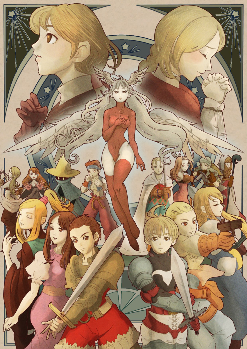 agrias_oaks alma_beoulve angel_wings archer_(fft) armor bandana belt blonde_hair blue_cape brown_cape brown_dress brown_eyes brown_hair cape closed_eyes dagger dancer_(fft) delita_heiral dress elbow_pads feet_out_of_frame final_fantasy final_fantasy_tactics full_body geomancer_(fft) glock green_bandana groping gun half-closed_eyes handgun hands_on_own_chest hat headband highres holding holding_weapon knife knight_(fft) leotard looking_at_viewer looking_to_the_side monk_(fft) multiple_boys multiple_girls mustadio_bunansa nose ovelia_atkascha overalls pants ponytail praying purple_dress ramza_beoulve red_leotard red_pants red_robe red_thighhighs robe rod satori_ill shirt shoulder_armor staff strap sword thief_(fft) thighhighs tietra_heiral topless_male ultima_(fft) valmafra_lenande weapon white_cape white_lily white_mage_(fft) white_mage_(final_fantasy) white_robe wings wizard_hat yellow_shirt