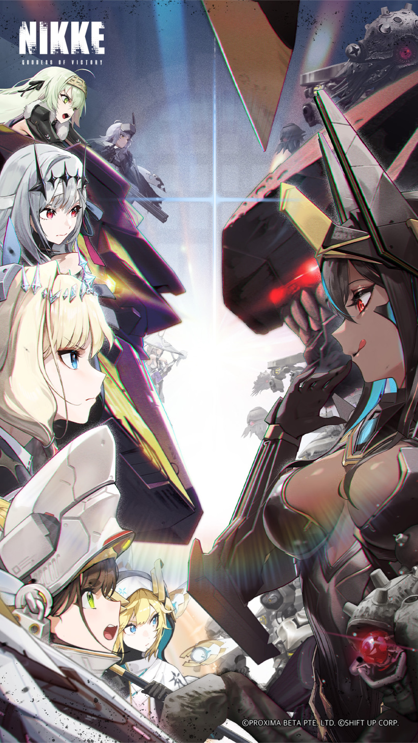 6+girls ahoge artist_request blonde_hair blue_eyes brown_eyes brown_hair chatterbox_(nikke) chime_(nikke) closed_mouth cropped crown_(nikke) dark-skinned_female dark_skin frown goddess_of_victory:_nikke green_eyes green_hair gun helmet highres holding holding_gun holding_weapon indivilia_(nikke) kilo_(nikke) looking_at_another multiple_girls official_art open_mouth purple_eyes rapture_(nikke) rapunzel_(nikke) red_eyes robot second-party_source snow_white_(nikke) talos_(nikke) weapon white_hair yellow_eyes