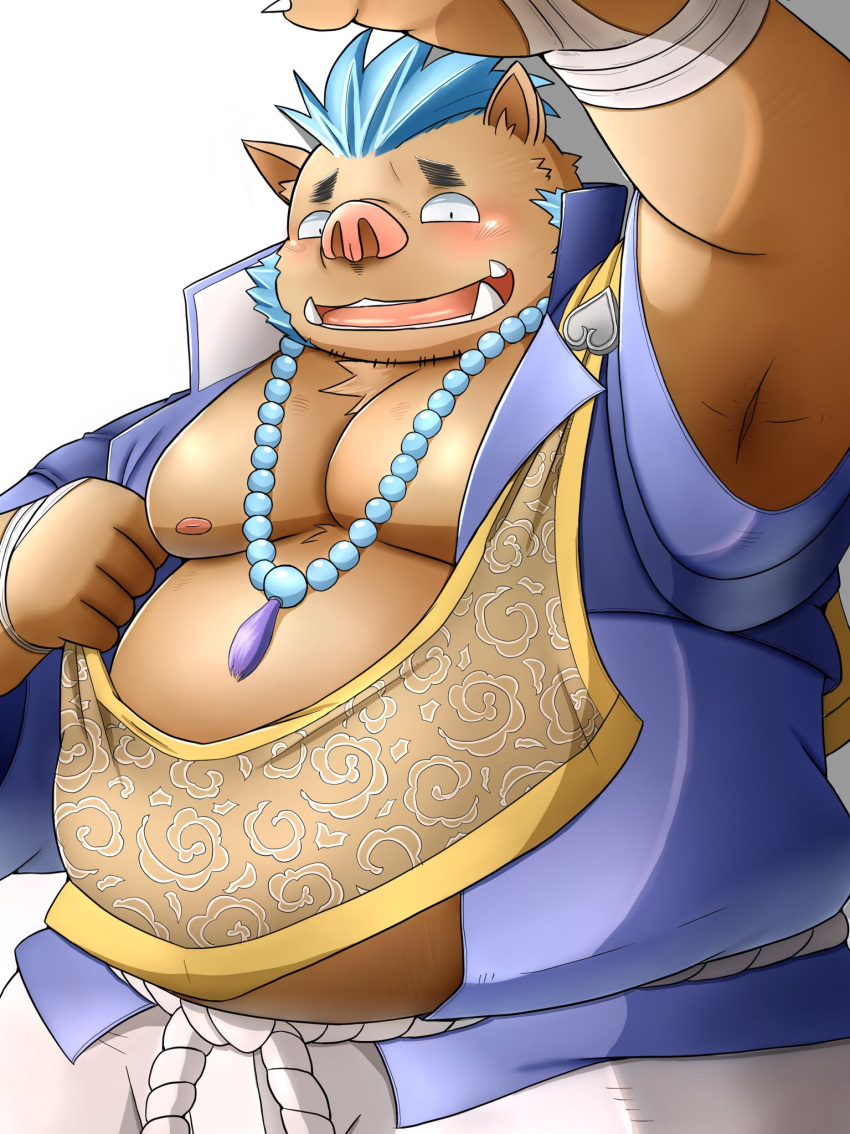 anthro armpit_fetish belly blue_hair blush brown_body brown_fur eyebrows fur ganglie_(tas) hair hi_res inunodaidokoro jewelry lifewonders male mammal musclegut muscular necklace nipples pecs solo suid suina sus_(pig) thick_eyebrows tokyo_afterschool_summoners tusks wild_boar