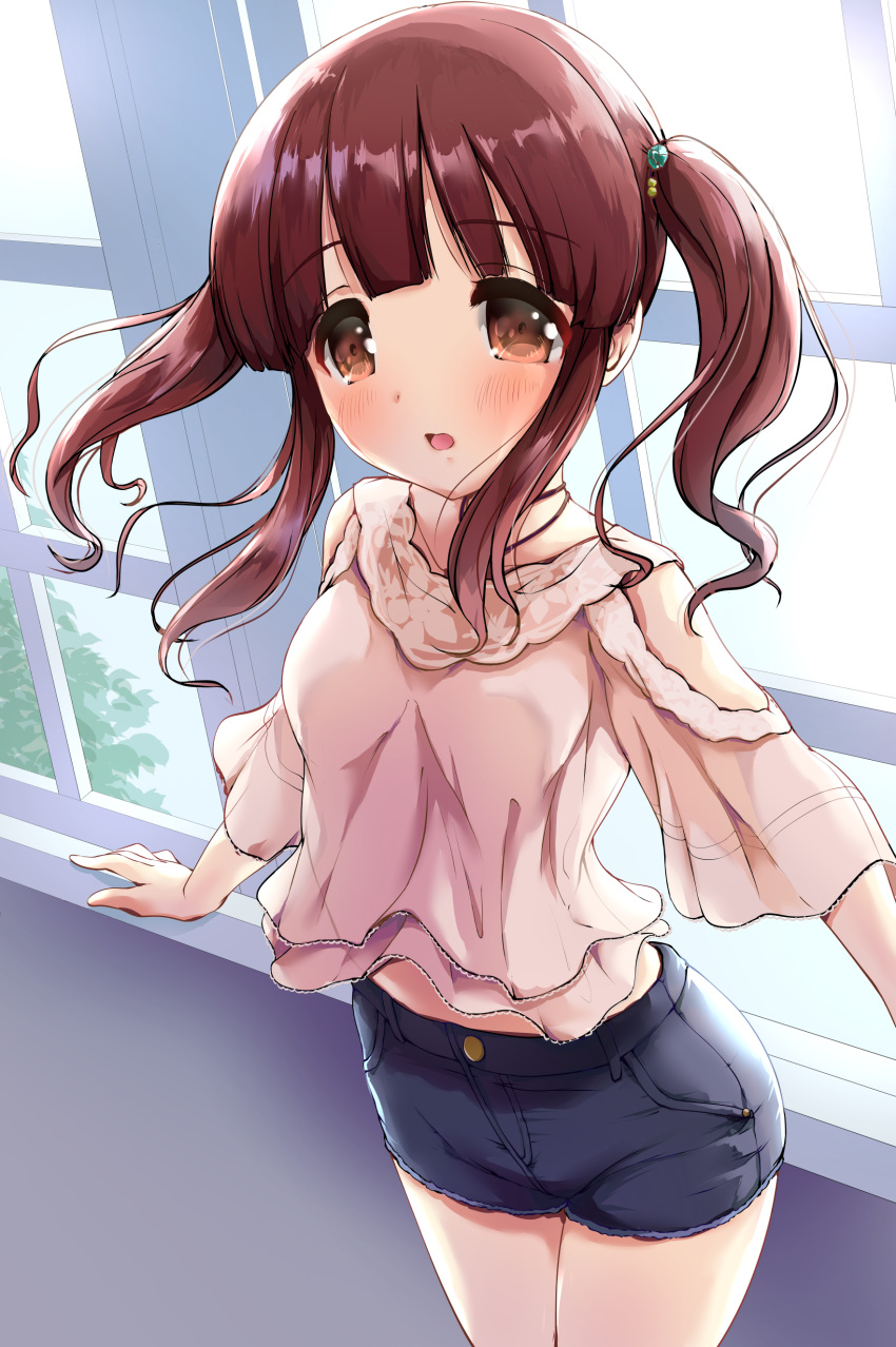 1girl absurdres bangs black_shorts blush breasts brown_eyes brown_hair commentary_request eyebrows_visible_through_hair hair_ornament highres idolmaster idolmaster_cinderella_girls indoors kuroba_aki long_hair long_sleeves looking_at_viewer ogata_chieri open_mouth pink_shirt shirt short_shorts shorts small_breasts solo twintails window