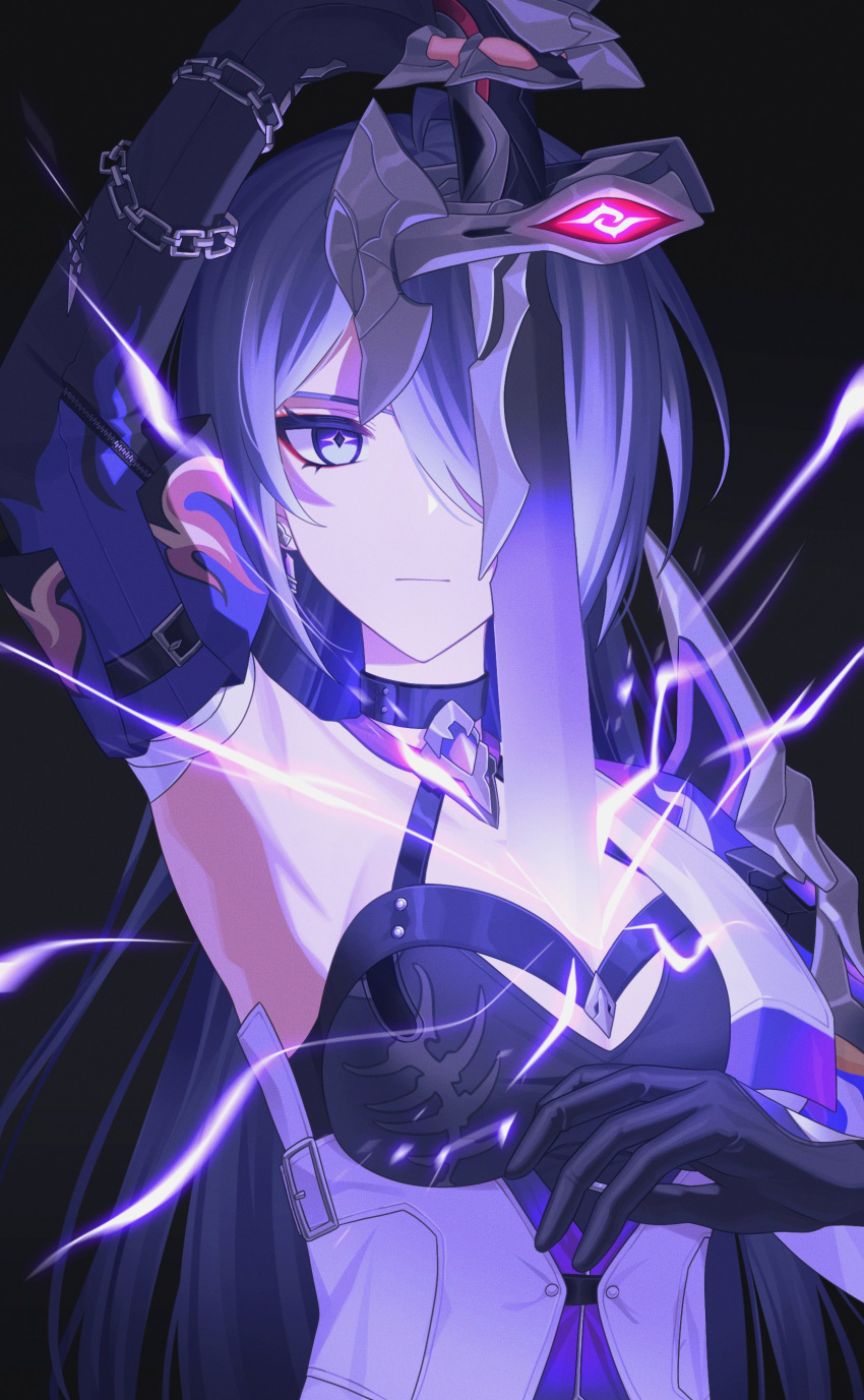 1girl absurdres acheron_(honkai:_star_rail) ahoge arm_belt armor bandaged_arm bandages black_background black_choker black_gloves breasts chain chain_around_arm choker cleavage closed_mouth coat commentary criss-cross_halter cumulussen diamond-shaped_pupils diamond_(shape) earrings electricity english_commentary gloves glowing glowing_weapon hair_over_one_eye halterneck highres holding holding_sword holding_weapon honkai:_star_rail honkai_(series) human_scabbard jewelry katana large_breasts long_hair purple_eyes purple_hair shoulder_armor solo sword symbol-shaped_pupils upper_body very_long_hair weapon white_coat
