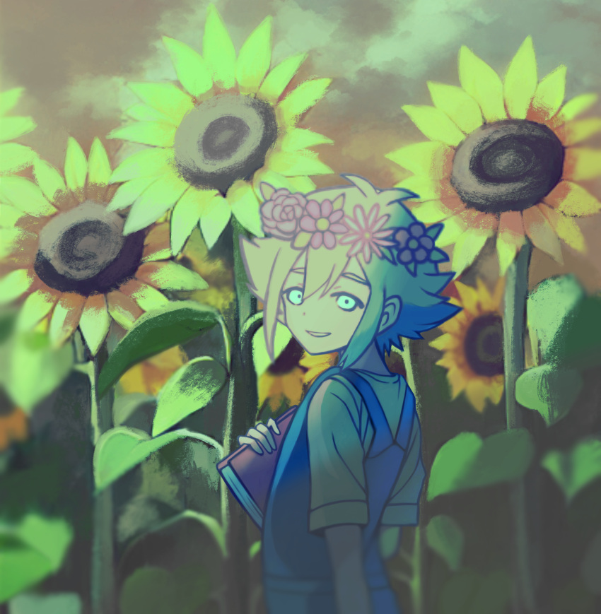 1boy basil_(headspace)_(omori) basil_(omori) blue_overalls book flower green_eyes green_hair green_shirt head_wreath highres holding holding_book looking_at_viewer omori overalls parted_lips shirt short_hair short_sleeves solo sunflower zero_(sleepy_meltan)