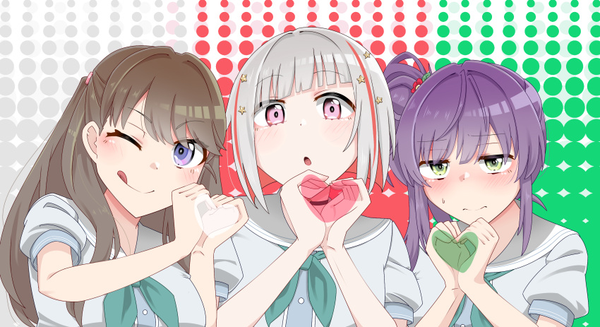 3: 3girls :o ;q absurdres aqua_neckerchief black_choker blush bob_cut brown_hair choker closed_mouth colored_inner_hair commentary diagonal_bangs dress flower fujishima_megumi green_background green_eyes grey_background grey_hair hair_bun hair_flower hair_ornament hasu_no_sora_school_uniform heart heart_hands heart_in_heart_hands highres inverted_bob link!_like!_love_live! lone_nape_hair long_hair looking_at_viewer love_live! multicolored_background multicolored_hair multiple_girls neckerchief o-ring o-ring_choker one_eye_closed open_mouth otomune_kozue pink_eyes purple_eyes purple_hair red_background red_flower red_hair sailor_collar school_uniform short_hair short_sleeves side_ponytail sidelocks single_side_bun star_(symbol) star_hair_ornament streaked_hair summer_uniform tetetsu_(yuns4877) tongue tongue_out two_side_up virtual_youtuber white_background white_dress white_sailor_collar yugiri_tsuzuri