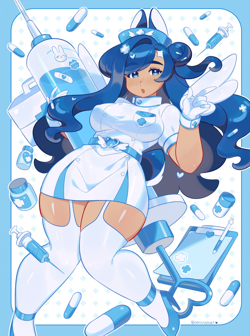 1girl absurdres blue_eyes blue_footwear blue_hair breast_pocket constellor garter_straps gloves hat high_heels highres holding holding_syringe long_hair looking_at_viewer nurse nurse_cap open_mouth original pocket smile solo syringe thighhighs white_gloves white_thighhighs