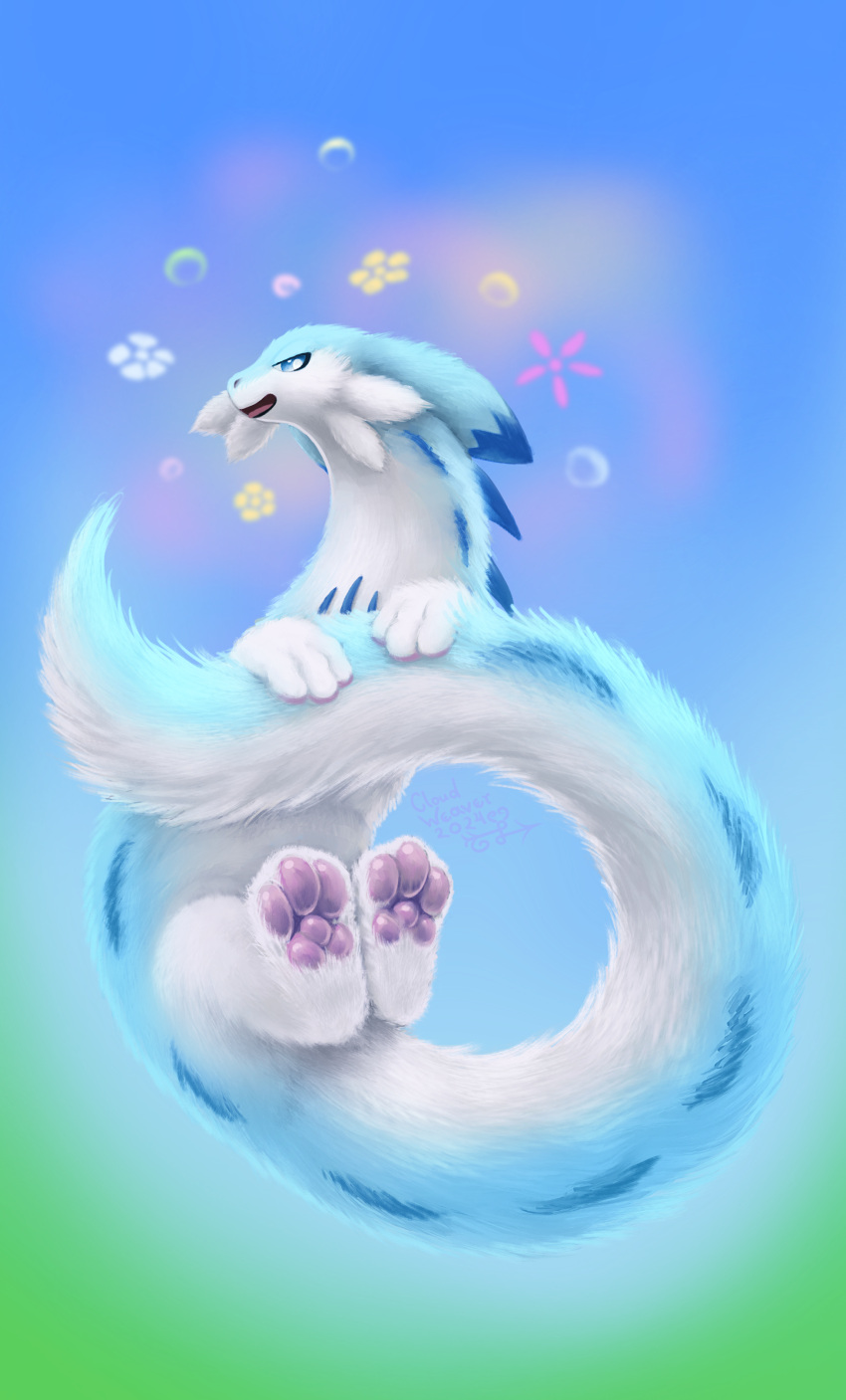 2024 abstract_background absurd_res ambiguous_gender blue_body blue_eyes blue_fur chillet cloudweaver_(artist) feet feral fluffy fluffy_tail foot_focus fur hi_res hybrid long_body long_tail mammal mustelid pal_(species) palworld paws pocketpair solo tail white_body white_fur