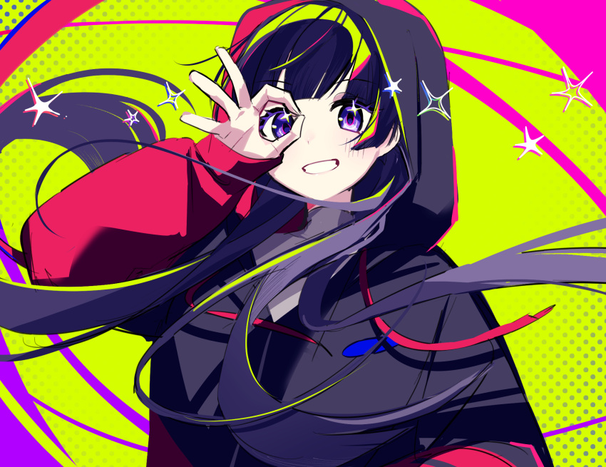 1girl :d black_hoodie grey_shirt grin hanakiri22 hand_up highres hood hood_up hoodie long_sleeves looking_at_viewer nijisanji ok_sign ok_sign_over_eye open_mouth polka_dot polka_dot_background purple_eyes shirt sleeves_past_wrists smile solo sparkle teeth tsukino_mito tsukino_mito_(19th_costume) turtleneck turtleneck_shirt upper_body virtual_youtuber yellow_background